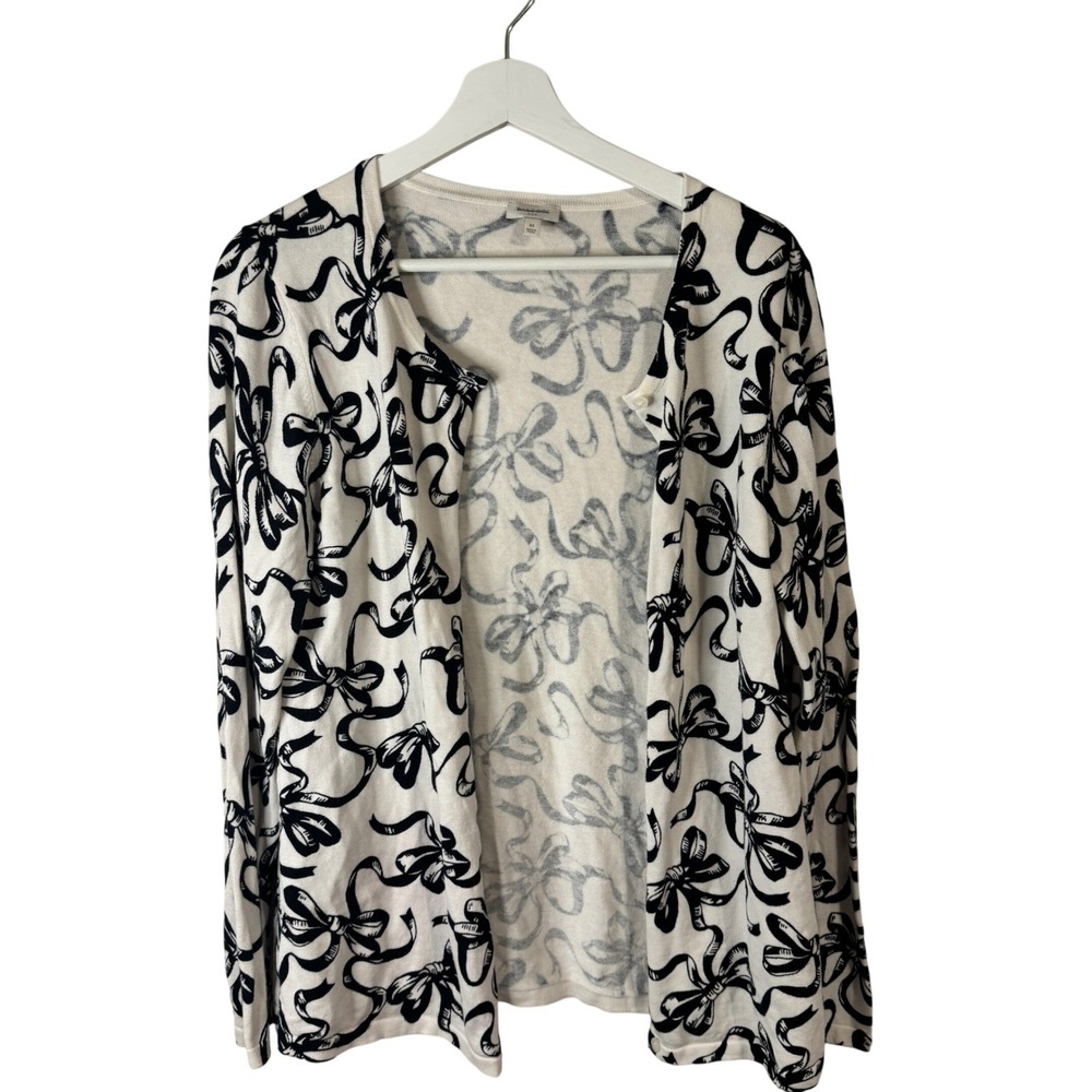 Talbots Cardigan Bow Print Size M White Black Women Sweater Preppy Classic Work